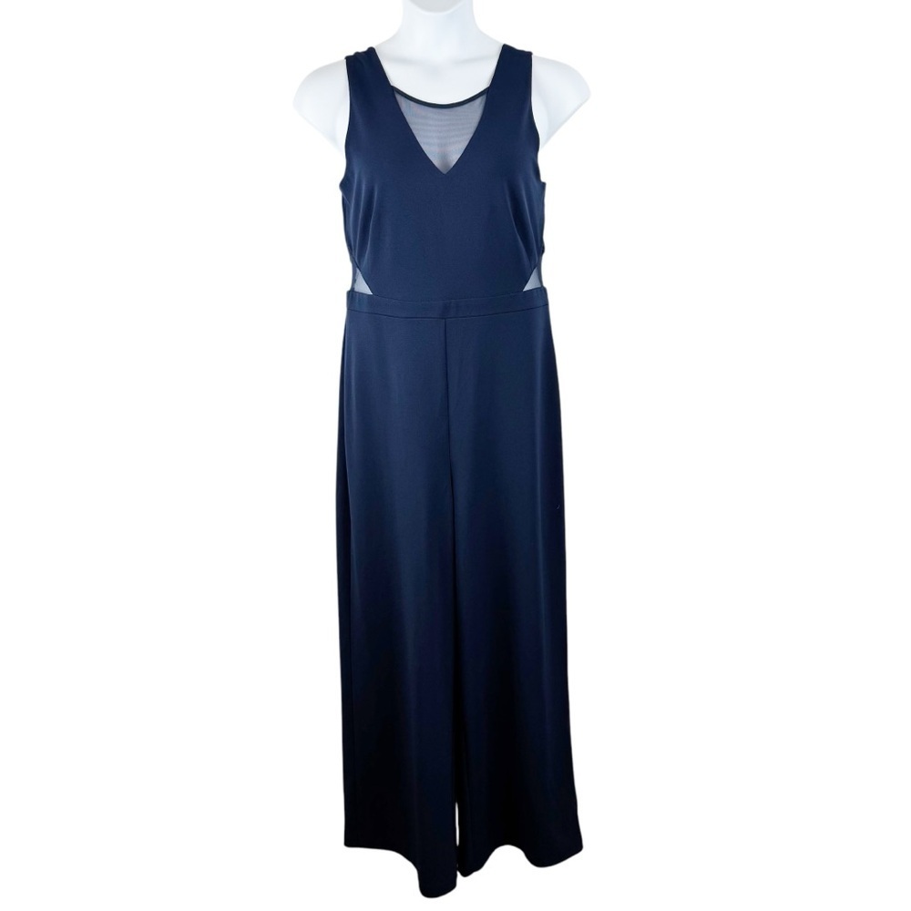 IZ Byer Navy Illusion Sides V Neck Wide Leg Scuba Crepe Jumpsuit Size XXL - Picture 4 of 13